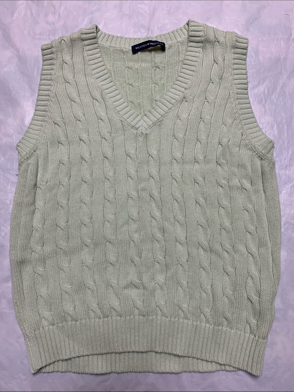 Brandy Melville Pale Green Cable Knit Sweater Vest Preppy 100% Cotton Sz XS